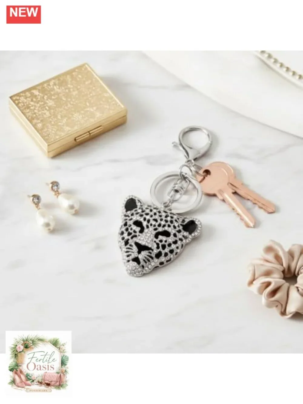Rhinestone Leopard Head Keychain Purse Charm Pendant